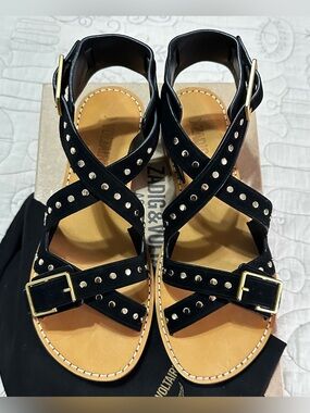 Zadig & Voltaire Cecilia Caprese Gold Studded Suede Sandals Noir EU 37/US 6 NWT